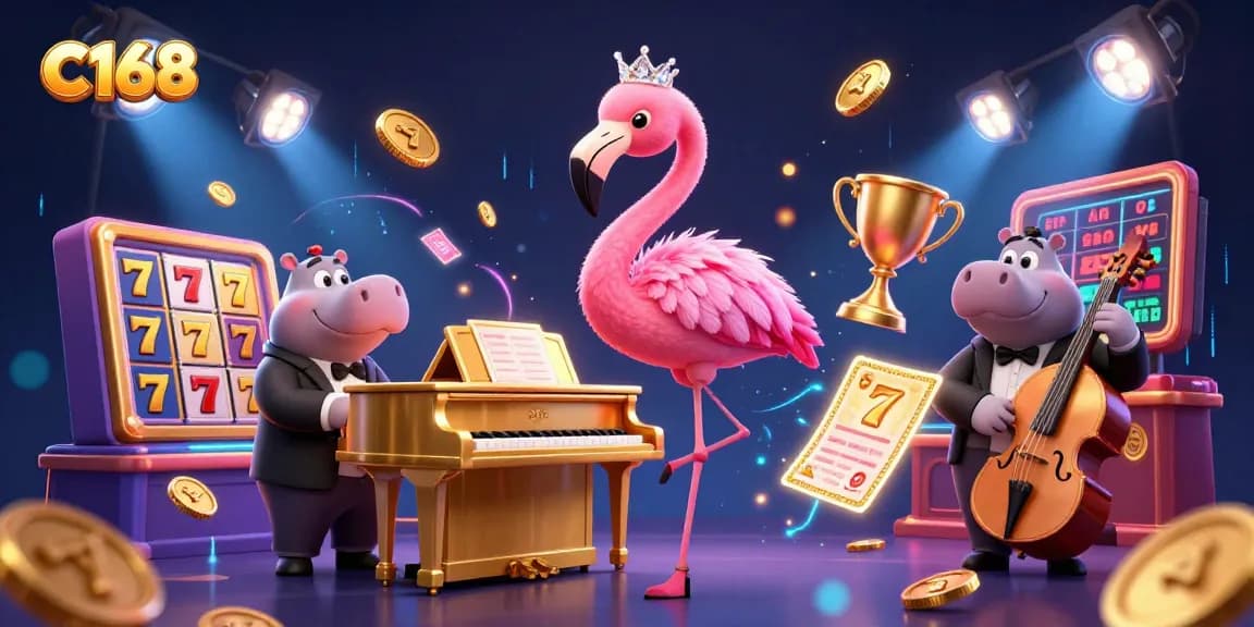 C168 offers players engaging jackpot experiences at an illustrated casino featuring vibrant elements.