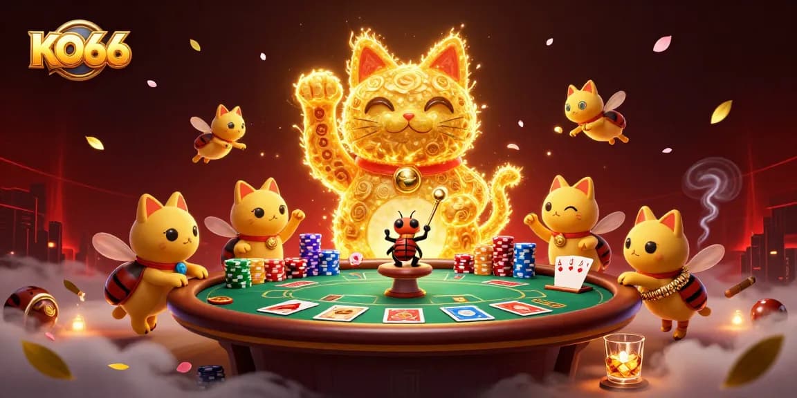Play exciting games at KO66 with a vibrant casino-themed illustration filled with fun characters.