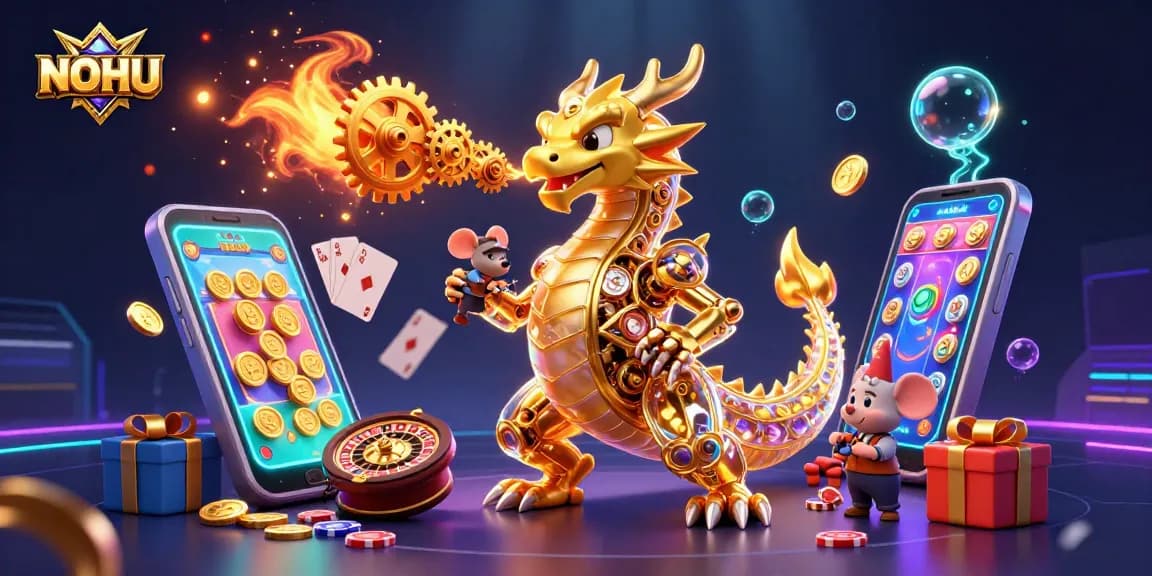 Engage in thrilling play with NOHU: A dragon, slots, and golden coins flourish in action.