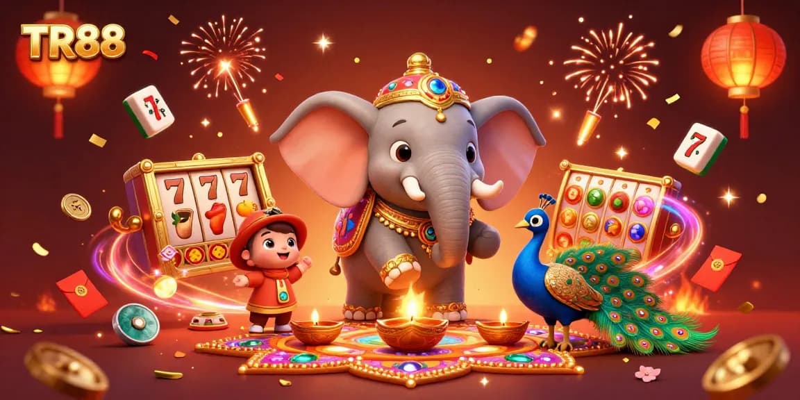 Experience the excitement of TR88 with a vibrant casino-themed illustration featuring slot reels and festive elements.