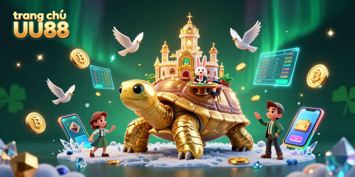 Experience the thrill of gaming with trang chủ UU88 situated atop a golden tortoise amidst flying coins