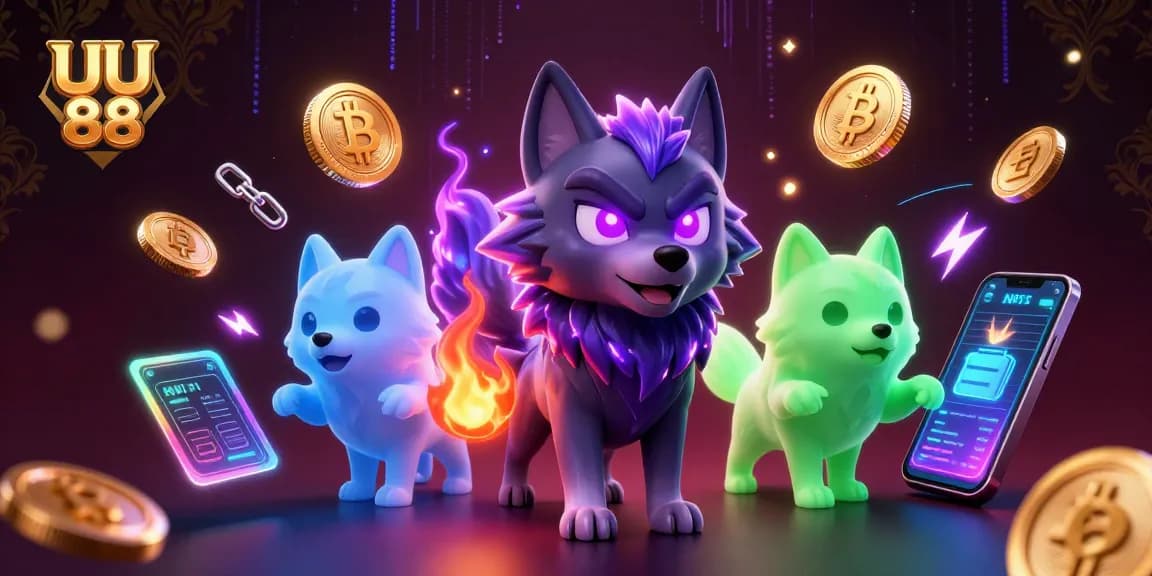 Experience thrilling gameplay with UU 88, featuring unique wolves and cryptocurrency elements in a vibrant casino scene.