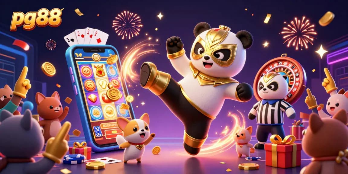 Experience excitement at pg88 with a panda wrestler kicking, golden coins raining down in a vibrant casino scene.