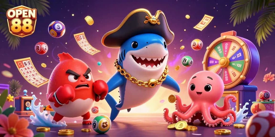 Engage in immersive gameplay at OPEN 88 with colorful lottery balls, thrilling characters, and vibrant casino elements.