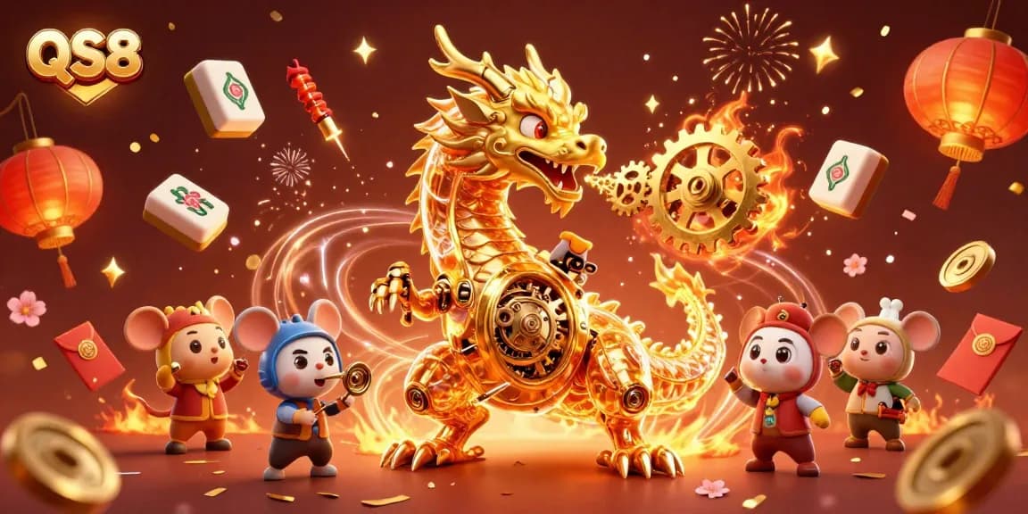 Experience excitement at QS88 with a golden dragon and vibrant gambling elements