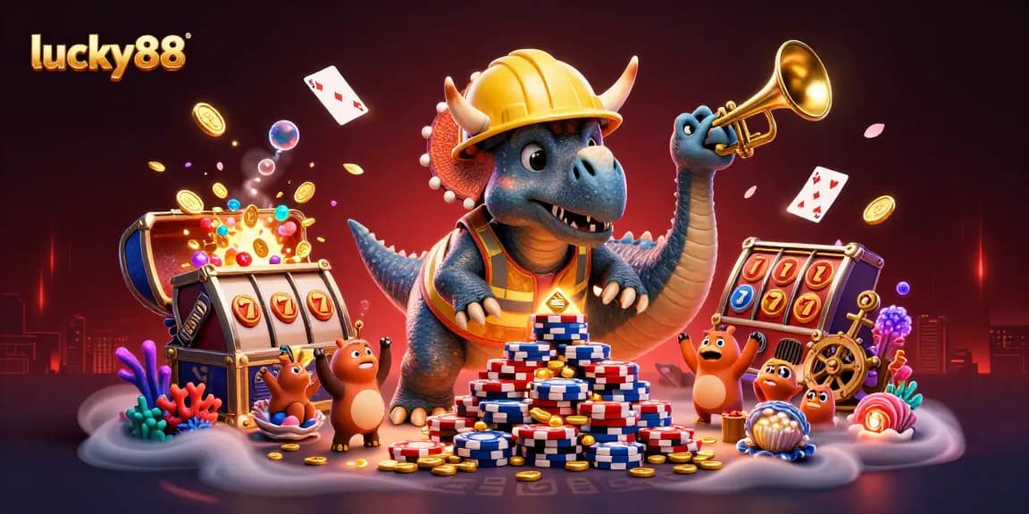Engage in thrilling gaming with lucky88, featuring playful characters amidst vibrant casino elements.