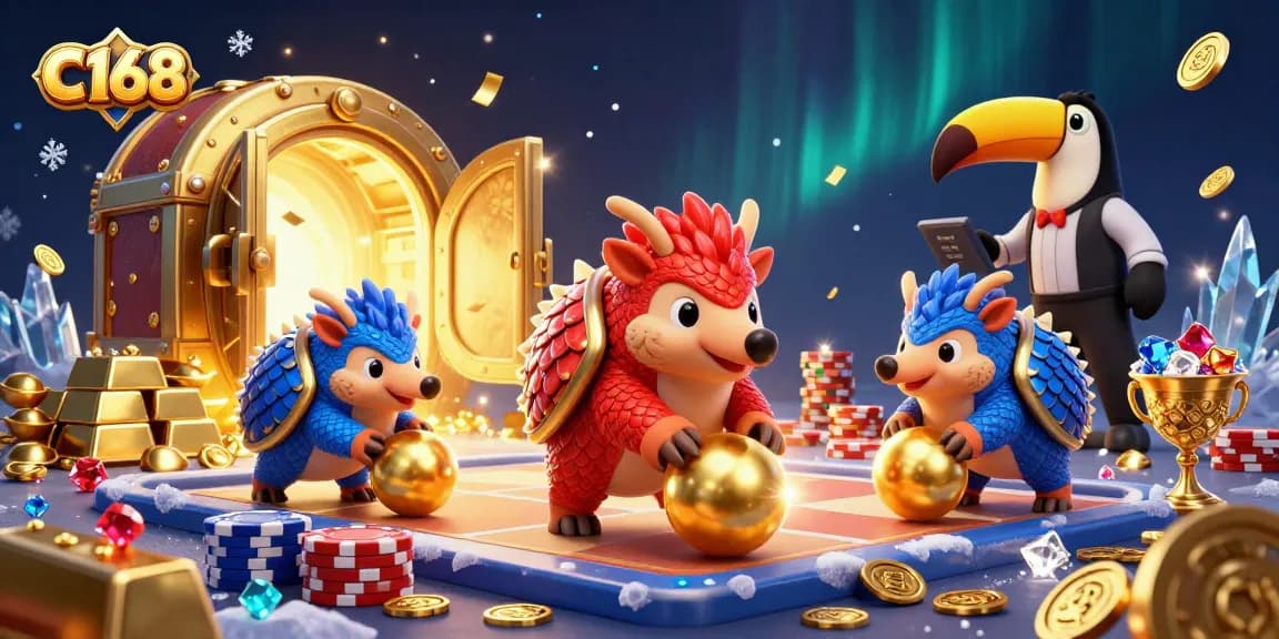 Experience thrilling gameplay at C168 with lively pangolins bowling through poker chips amidst sparkling treasures.