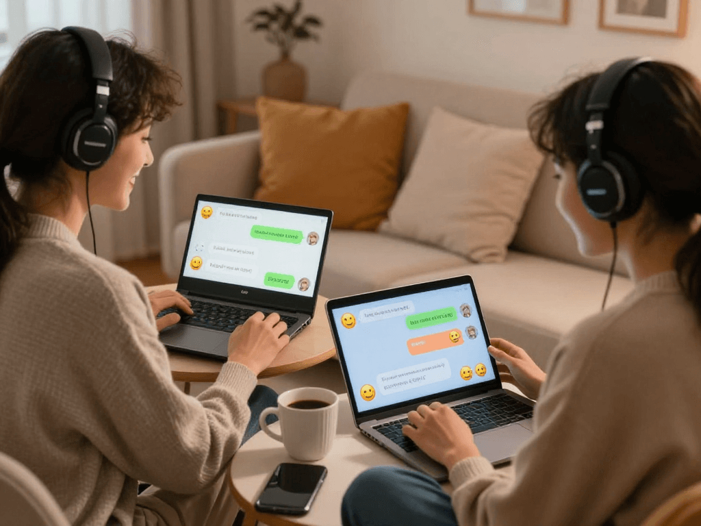 Engaging sex AI chat scene with individuals smiling while using devices in a cozy environment.