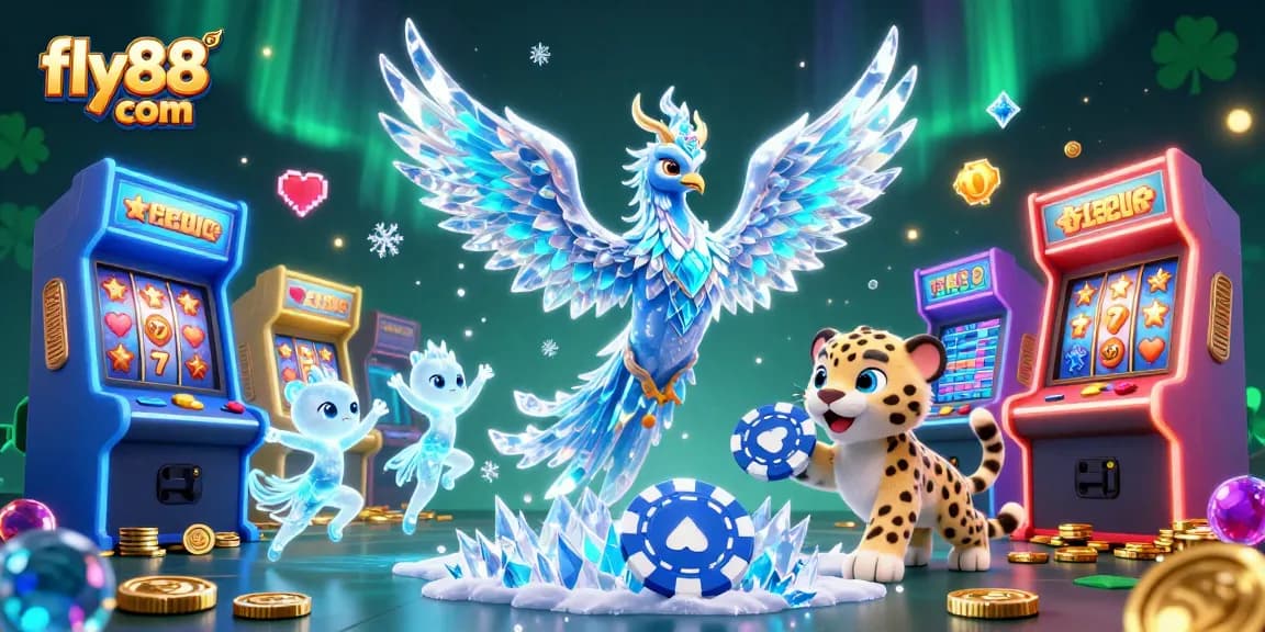 Experience thrilling gameplay at fly88 com with a vibrant 3D scene featuring an ice phoenix and colorful casino elements.
