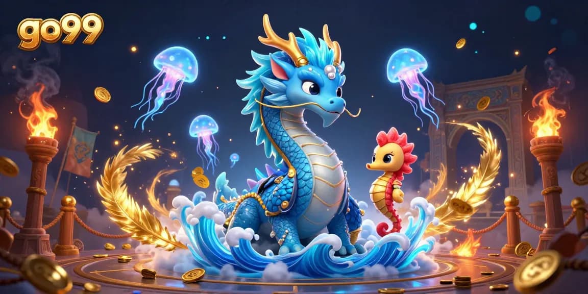 Experience go99's thrilling gaming adventure with a vibrant scene featuring a dragon and seahorse knight.