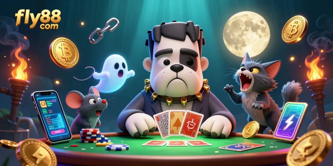 Spin and win at fly88 com with a lively casino-themed illustration featuring unique characters.
