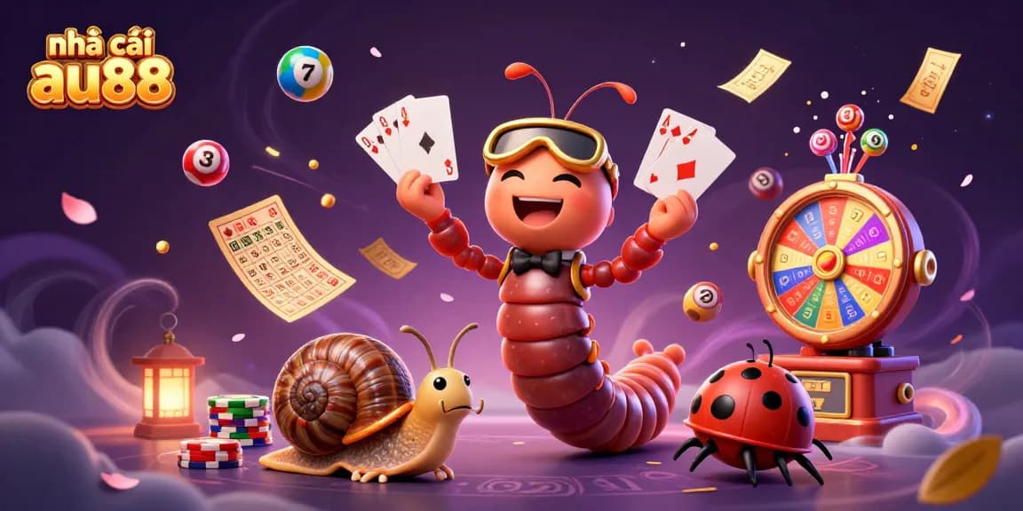 Engage with nhà cái au88 in a vibrant 3D casino scene featuring a millipede dealer and lottery elements.