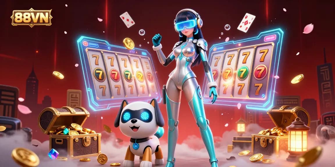 Engage with 88VN's vibrant casino scene featuring a futuristic woman, robot dog, and dynamic gaming elements.