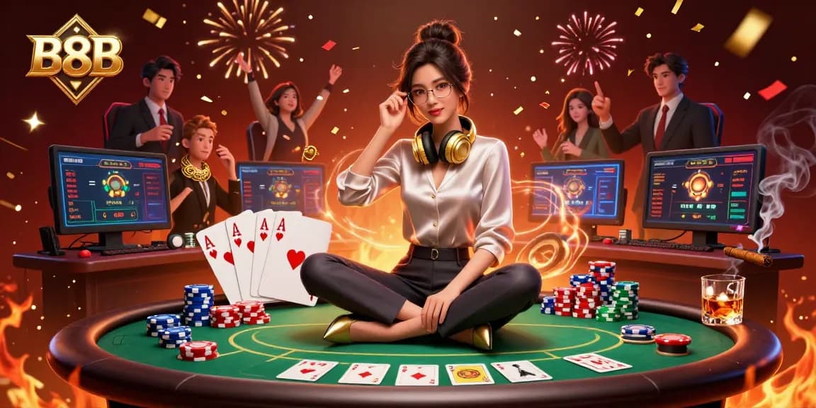 B8B poker game scene featuring a skilled player with high-tech setup and casino elements.
