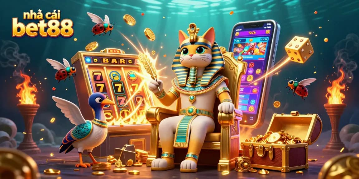 Experience the excitement at nhà cái bet88 with a vibrant casino scene featuring characters and game elements.