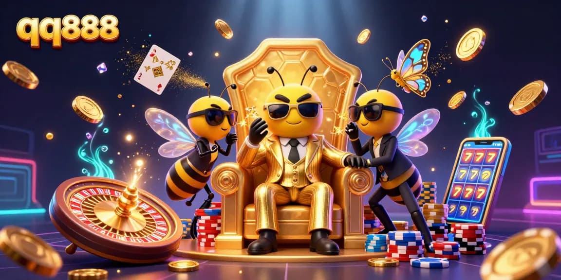 Engage with qq888 excitement in a vibrant 3D casino scene featuring a bumblebee mob boss.