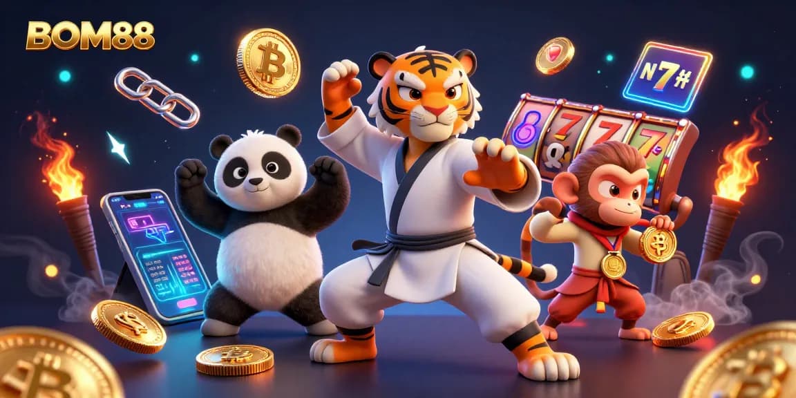 BOM88 offers an enchanting casino world with a kung fu tiger master, dynamic slot reels, and vibrant neon elements.