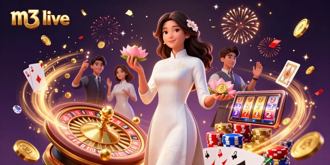 Engage with m3 live casino magic through an elegant Asian woman amidst radiant gaming elements.