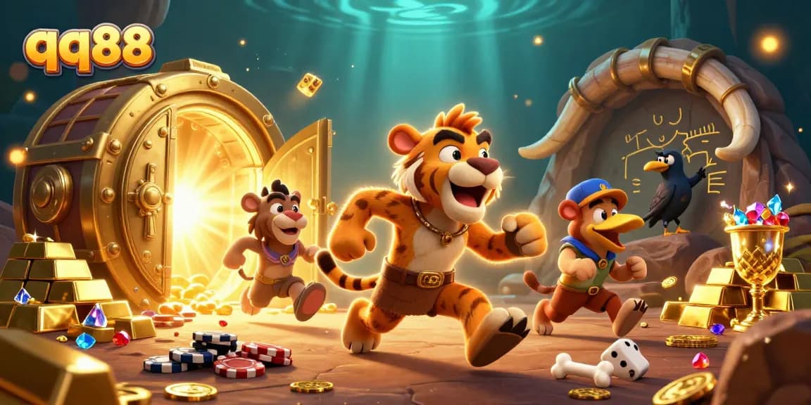 Experience vibrant gaming action at qq88 with a lively casino scene bursting with treasures.