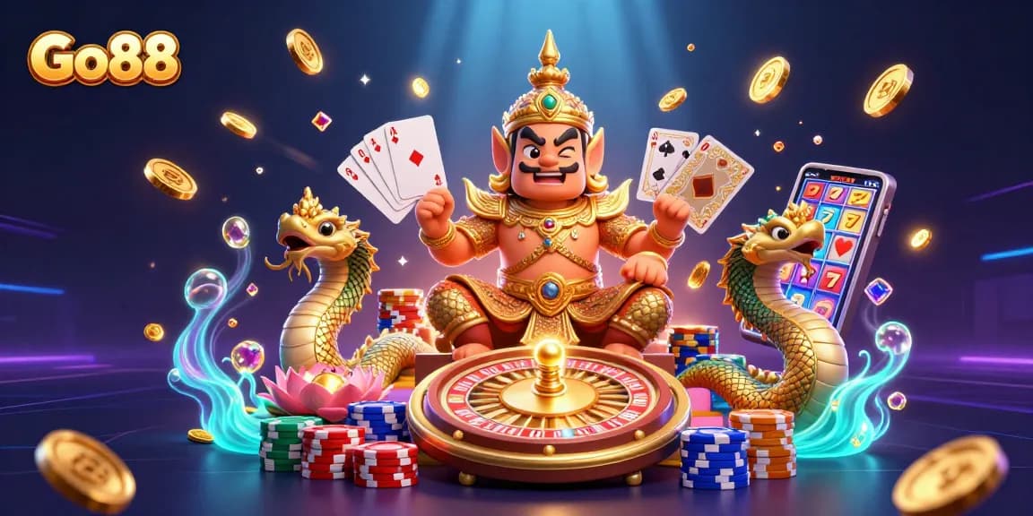 Experience exciting gambling at Go88 with golden coins, roulette, and vibrant game elements.