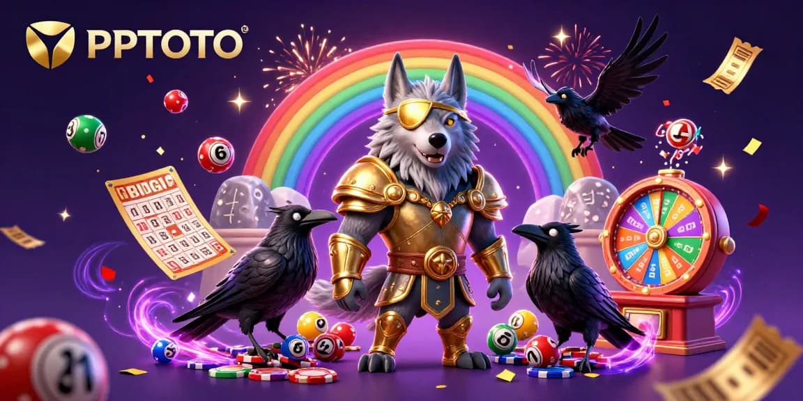 Visual permainan PPTOTO menampilkan kegembiraan elemen lotere dan karakter mitologi Nordik dalam adegan kasino yang cerah.