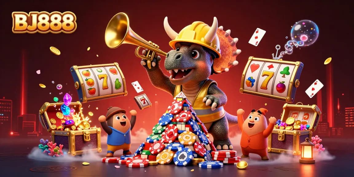 Engaging scene at BJ888 with a triceratops building poker chips, surrounded by slot symbols and floating cards.