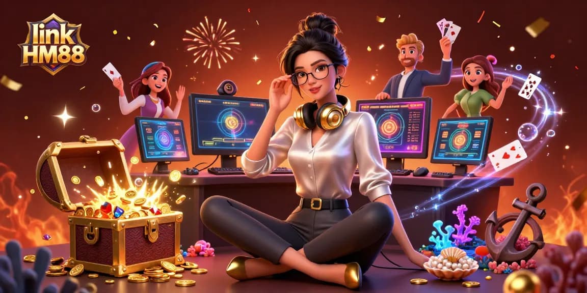 Engage in exciting casino games with link HM88, featuring an elegant gamer immersed in high-tech gameplay.
