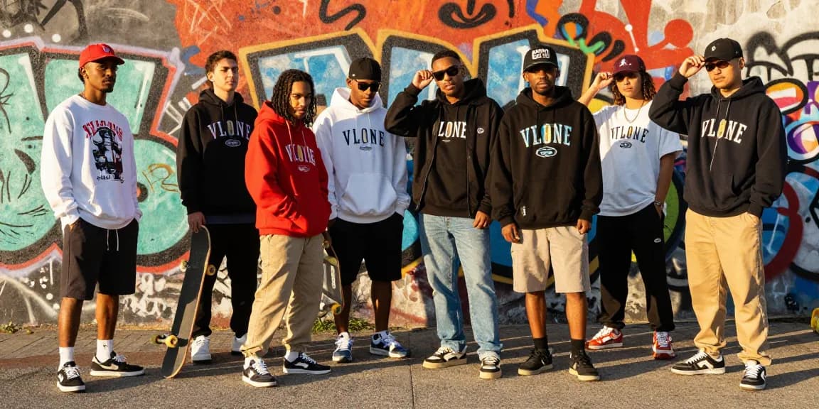 Vibrant urban scene with diverse young adults in Vlone streetwear outfits, showcasing fashion and lifestyle against a colorful graffiti background.