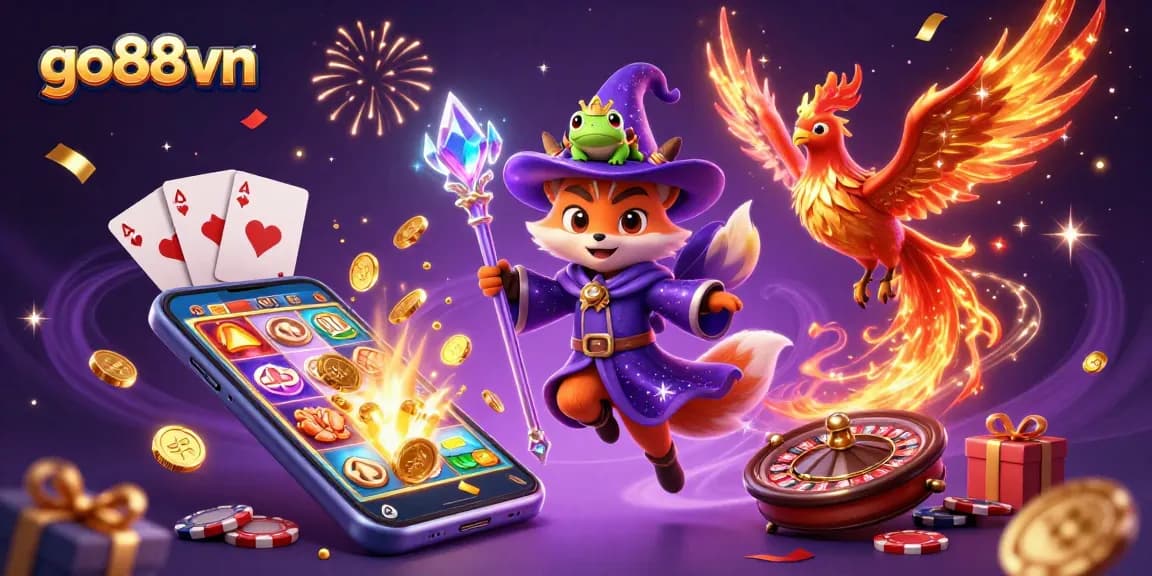 Engage in thrilling gameplay at Go88vn, featuring a 3D wizard fox surrounded by exciting casino elements.