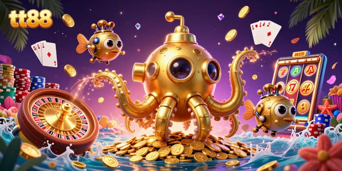 Experience winning excitement at tt88 with a golden kraken and colorful gaming elements.