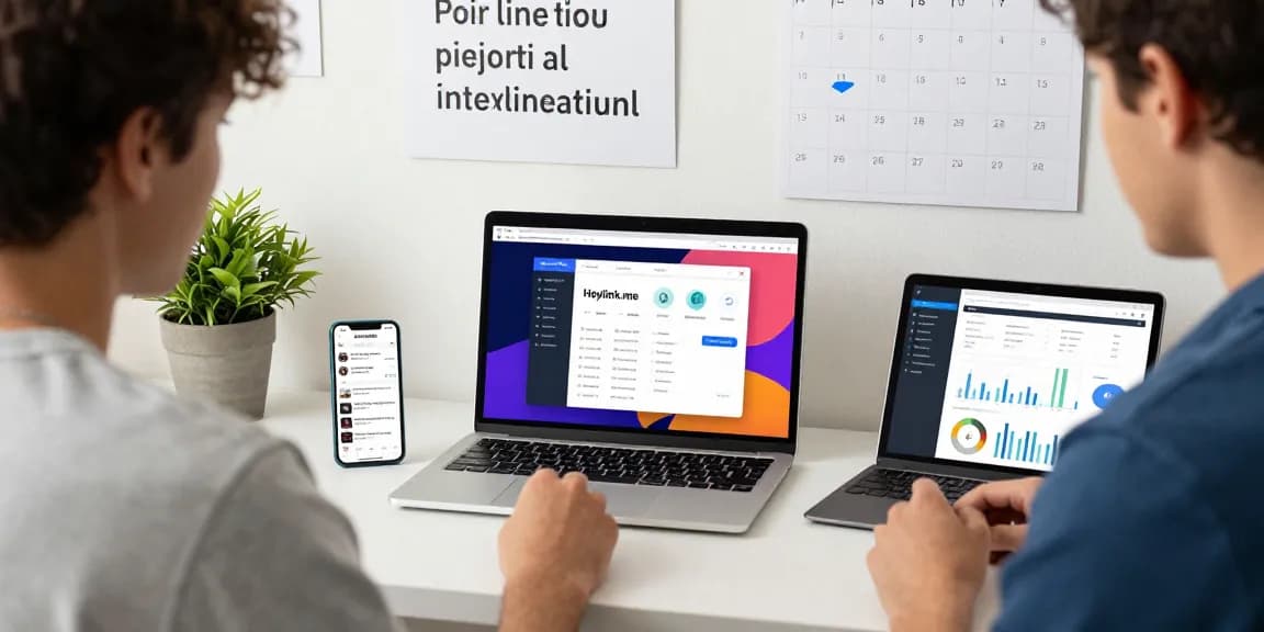 Workspace dengan laptop menunjukkan GEGESLOT di Heylink.me, suasana produktif dan modern.