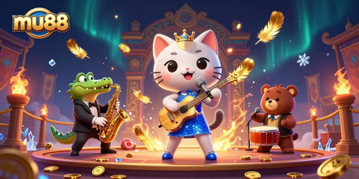mu88's lively casino scene featuring a jazz-singer cat, saxophone crocodile, and drumming bear cub.