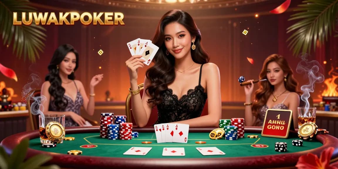 LUWAKPOKER showcases a stunning casino scene with an elegant woman holding poker cards amid vibrant gaming elements.