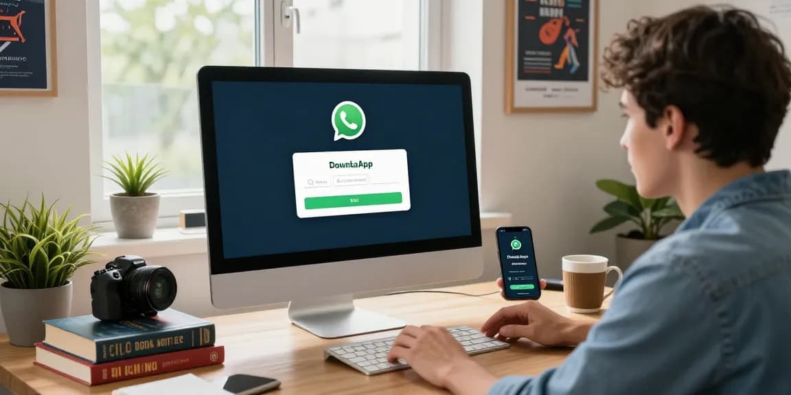Excited professional downloading WhatsApp下載 on desktop during dynamic workspace scene.