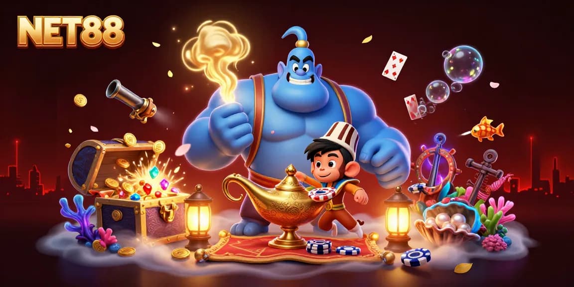 Join the excitement at NET88 with vibrant imagery of a magical gambling adventure featuring poker chips and treasures.