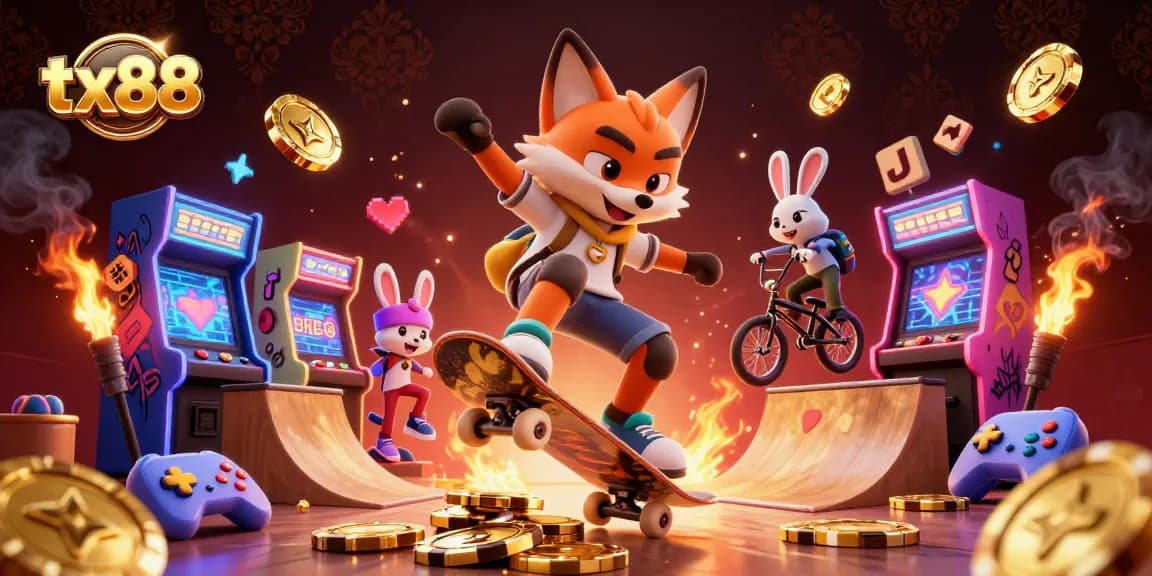 tx88 delivers thrilling casino experiences with upbeat cartoon characters in a vibrant gaming scene.
