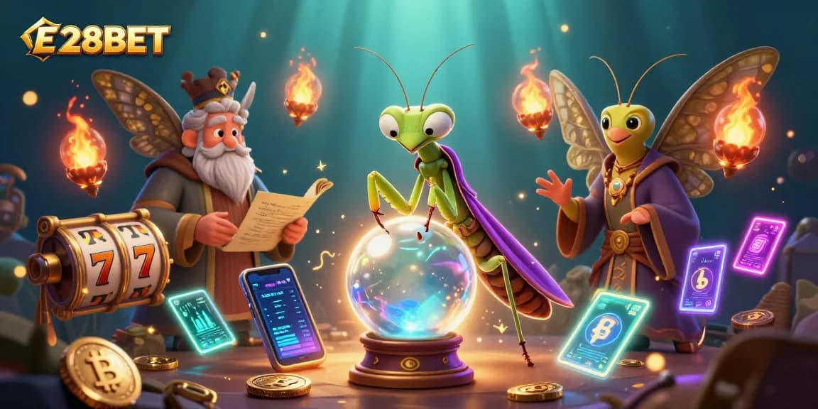 E28BET presents an exciting 3D scene of a fortune teller and librarian amidst vibrant casino elements.