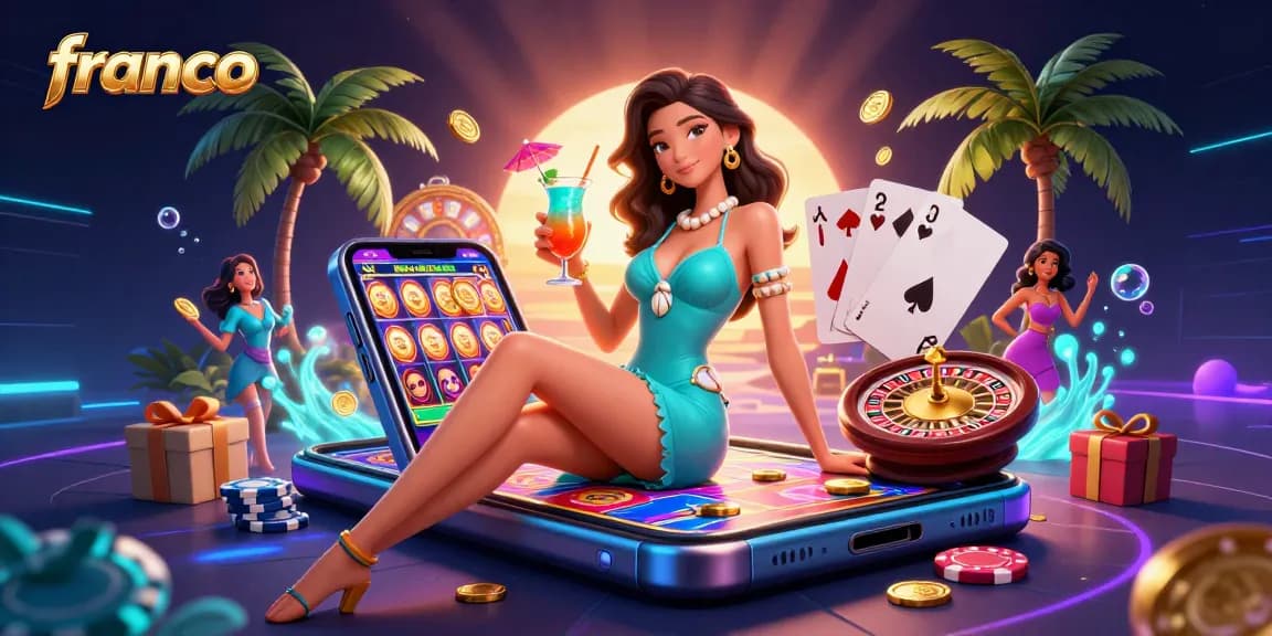 franco showcases a glamorous casino scene with a stunning woman and vibrant gaming elements.