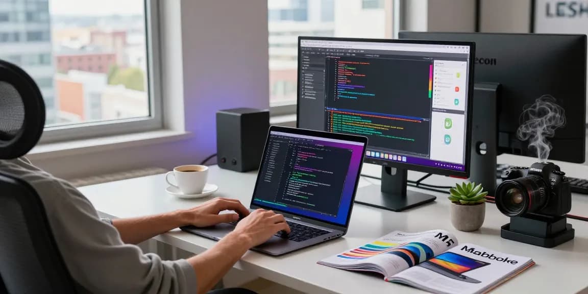 Professional workspace featuring M5 MacBook in use, coding software on screen, modern office ambiance.