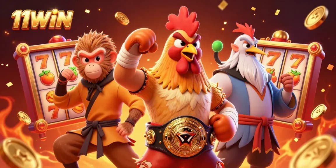 Engage with 11WIN in this vibrant casino scene featuring unique characters and thrilling slot elements.