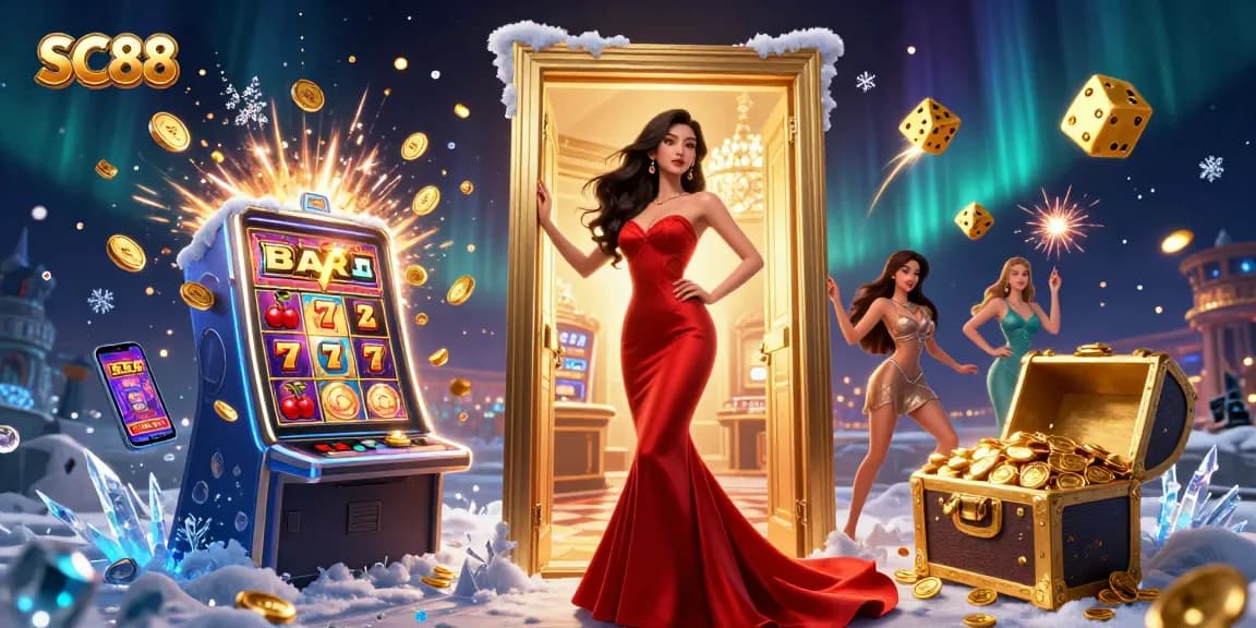 Join the excitement at SC88 with a beautiful Asian woman in a VIP casino doorway as the jackpot explodes!