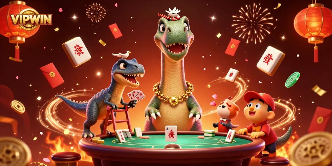 Experience thrilling gaming at VIPWIN with a vibrant 3D casino scene filled with dynamic characters and festive elements.
