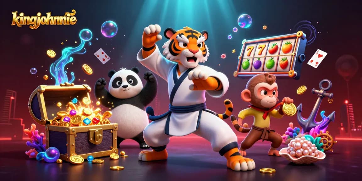 Engage with kingjohnnie's vibrant casino scene featuring a kung fu tiger and playful characters.