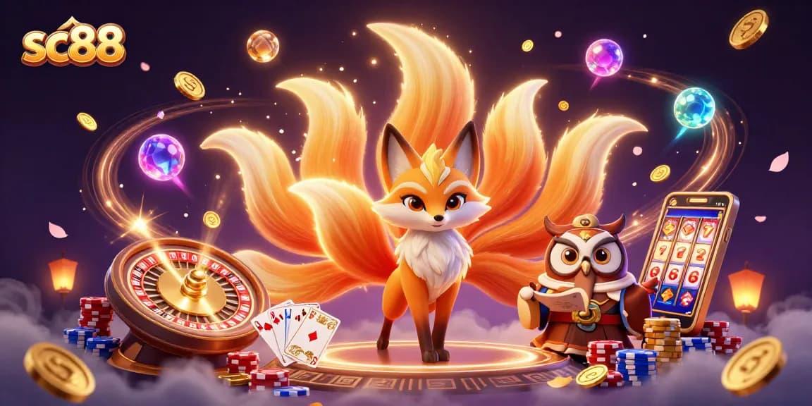 Experience sc88's dynamic gaming environment with a colorful nine-tailed fox spirit, owl sage, and casino elements.