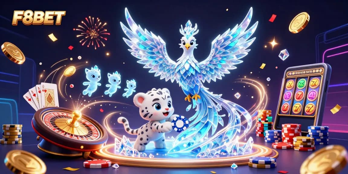 Experience the exciting F8BET casino world with a vibrant illustration of a dancing ice phoenix and a playful snow leopard.