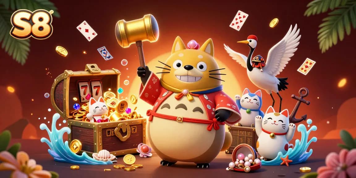 S8 brings luck with its cheerful tanuki and vibrant casino elements in this animated scene.