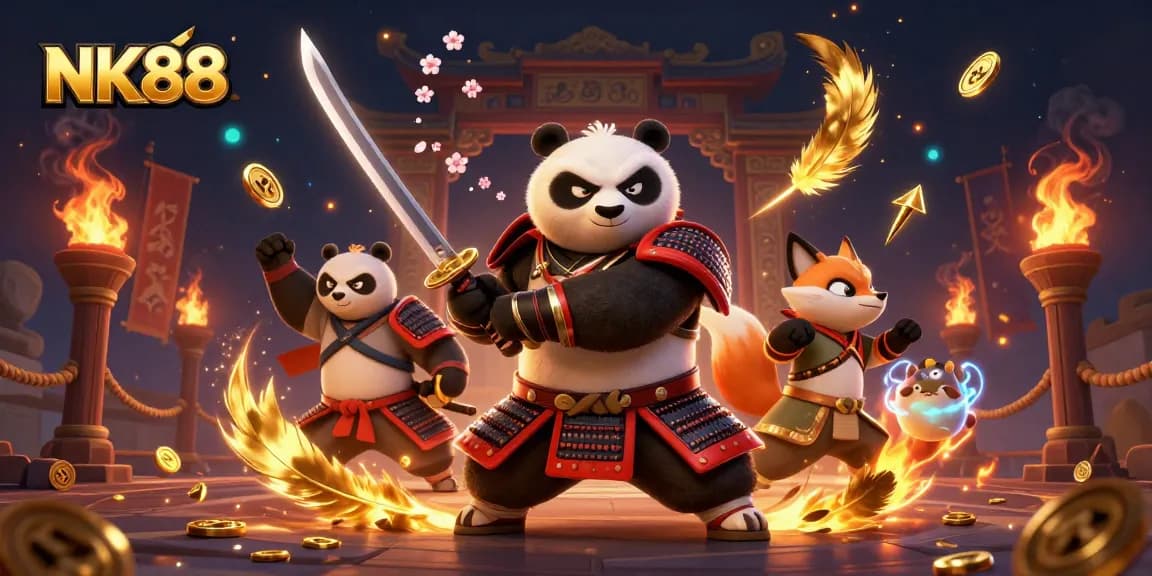 Experience winning strategies at NK88 with a dynamic 3D casino scene featuring heroic characters.