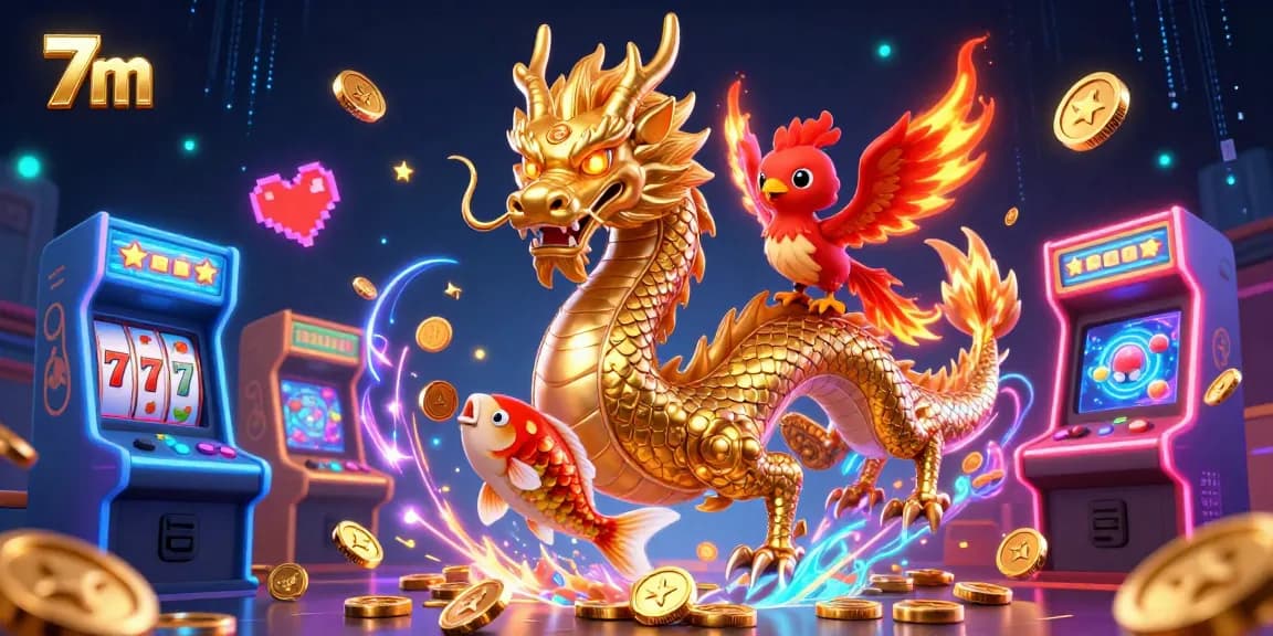 Engage with the vibrant 7m casino scene featuring a golden dragon, phoenix, and koi fish in action.