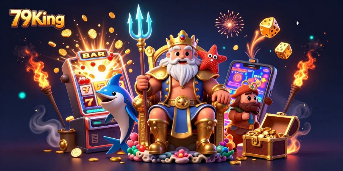 Experience the excitement of 79King's casino world with Neptune and friends in a vibrant jackpot scene.