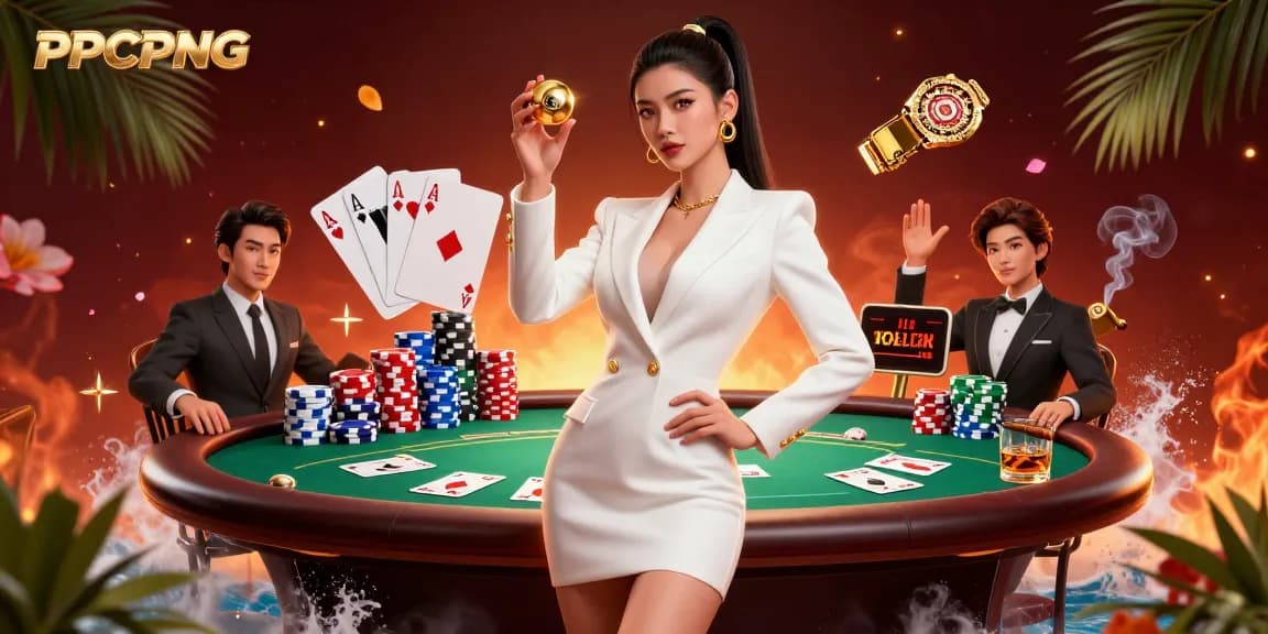 PPCPNG showcases a stunning Asian woman confidently presenting a golden roulette ball amid vibrant casino elements.